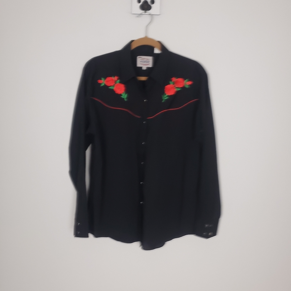 Vintage 90s Ely Country Charmer's Rose Western Pearl Snap Long Sleeve ~ …